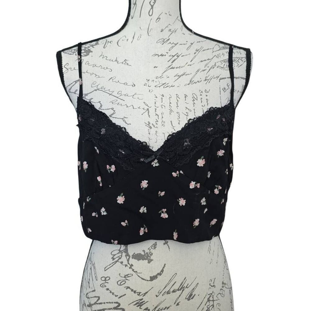 Aeropostale Women's Size XL Black Pink Floral Print Cami Lace Edge Crop Top